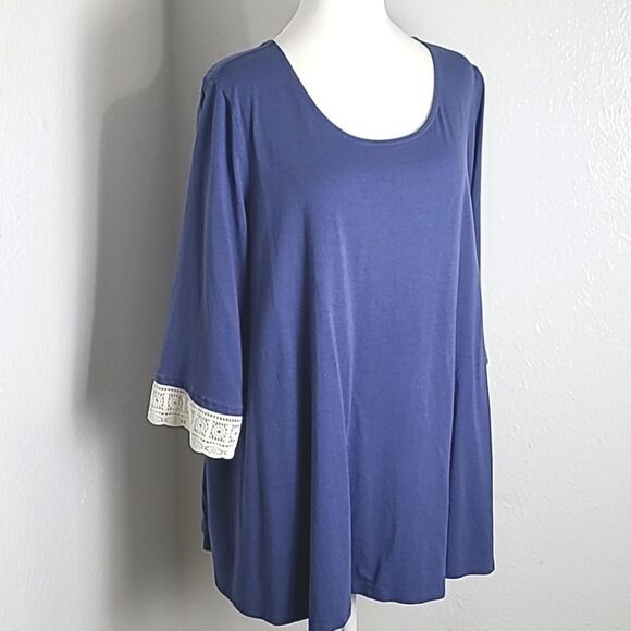 Woman Within Blue Tunic Top,  2" White Embroidered Band on 3/4 Sleeves, Size 1X - Picture 2 of 8